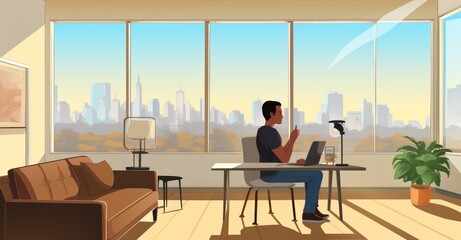 Sunny living room turned into a hybrid workspace, showing a young professional in a virtual meeting."