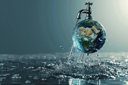 Earth with water tap. World water day, World earth day and Environment day concept