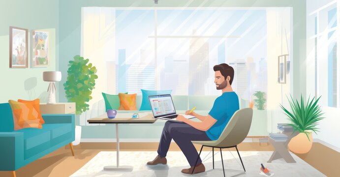 Sunny living room turned into a hybrid workspace, showing a young professional in a virtual meeting."