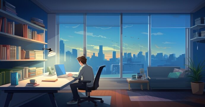 Late-night home office scene, capturing the dedication and solitude of working overtime in a remote setting