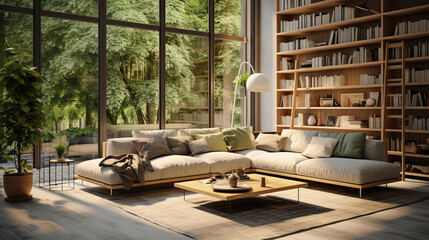 Fototapeta na wymiar Large spacious room with a sofa, panoramic window and bookcase