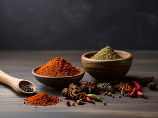 Exotic spices powder next to wooden spoon on gray wooden surface. digital ai