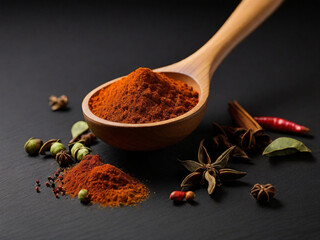 Exotic spices powder next to wooden spoon on black surface. digital ai