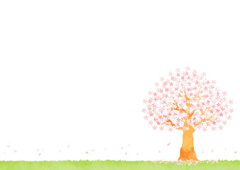 桜の木と草原の風景イラスト