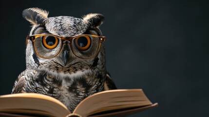 Owl in the glasses reading a book on black background - obrazy, fototapety, plakaty