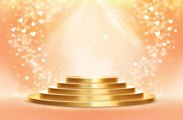 A golden sparkling empty scene. Podium on a peach background, on a backdrop of a bokeh in the form of hearts for the product presentation. Showcase, display case.