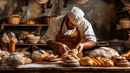 Photograph of a baker with fresh bakery products