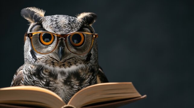 Owl in the glasses reading a book on black background