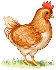 Vector Vintage Style Illustration of a Young Chicken Sideview Isolated on White Standing on a Little Grass