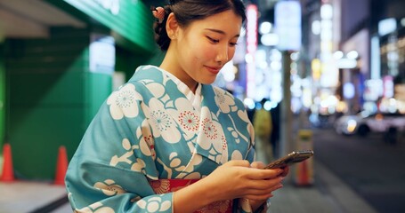 Road, Japanese woman and smartphone with typing, contact or digital app with traditional clothes....