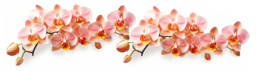 Fototapeta na wymiar Beautiful branch of orchid flowers banner panorama long - Peach fuzz orchids petals orchidaceae, isolated on white background.