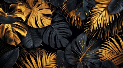 Gold and black tropical leaves on a black background