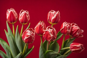 Fototapeta premium bouquet of tulips on red, decoration designs with flowers, wedding banner, spring flower