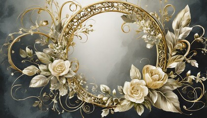 frame.the exquisite charm of this stunning assortment, showcasing circular gold wedding frame elements with intricate botanical embellishments, evoking a sense of opulence and romance. 