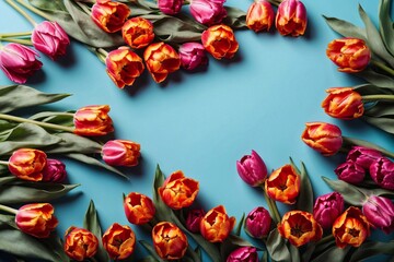 tulips on blue backdrop with copy space, decoration designs with flowers