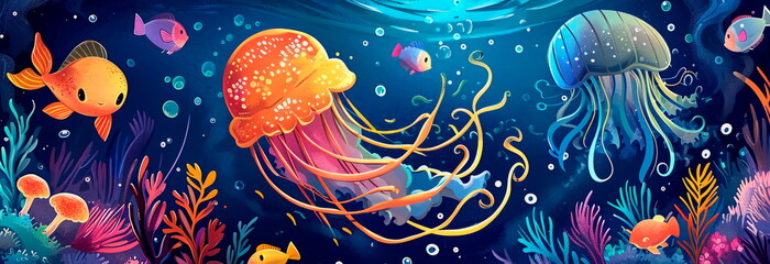 cartoon fish, jellyfish and other sea creatures ,Generative AI