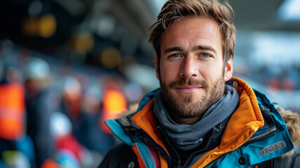 Security man with team security background. Security focus in football stadium,generative ai