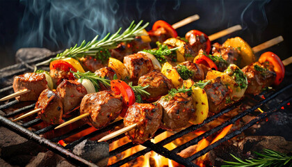 Close-up of a group of vegetable and meat skewers on the grill with blazing fire flame. Generative Ai. - Powered by Adobe
