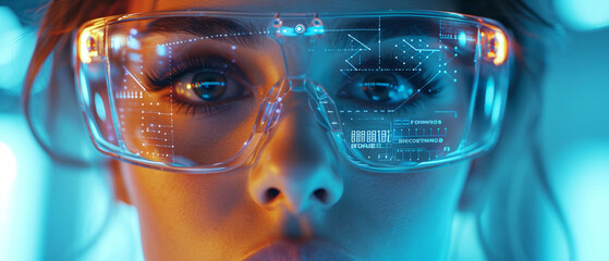 Portrait woman wearing high technology glasses with Data line icon on eyeglasses on woman's face, generative ai