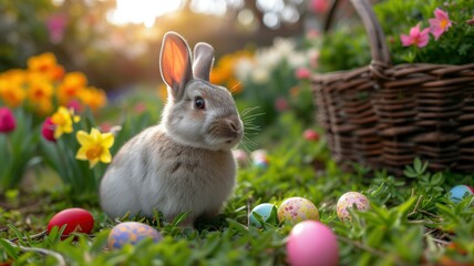 Grey Bunny with Easter Eggs in Morning Light. Generative AI.
