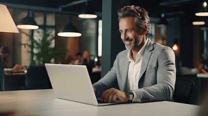 businessman using a laptop computer in an office, showcasing a happy middle-aged man working online