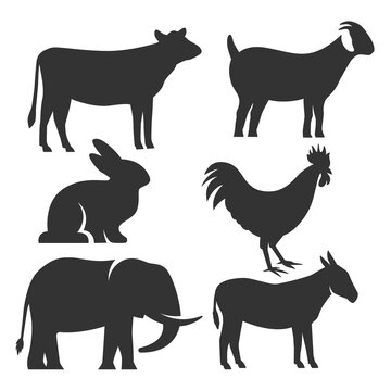 farm animals set cow, chicken, rabbit, donkey, elephant, goat, white background, vector eps 10