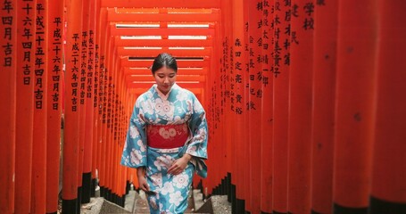 Woman, Japanese and walking at temple in traditional kimono or Tokyo for worship, respect or faith. Female person, shinto building and stairs for heritage peace or outdoor journey, travel or history - obrazy, fototapety, plakaty