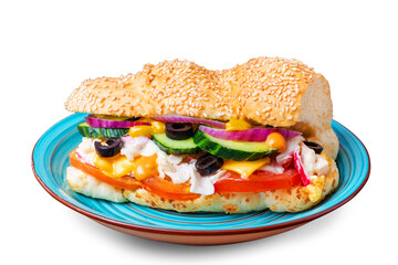 Sandwich with crab meat, onion, tomato, cheese, cucumber, olives and lettuce. Isolated.