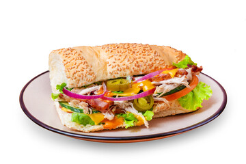 Sandwich with chicken, jalapeno, tomato, cucumber and lettuce. Isolated.