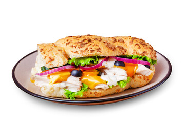 Sandwich with chicken, onions, cheese, olives and lettuce. Isolated.