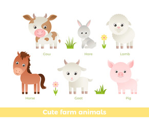 Cute farm animals set. Vector simple cow, hare, sheep, horse, goat and pig isolated on white. Illustration of funny smiling characters. Children's cartoon style.