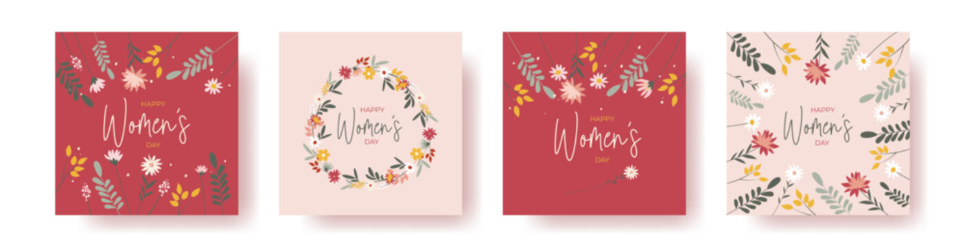 Set of 4 square greeting cards for international women's day with calligraphic hand written phrase. Women with flowers. Eight march. Hand drawn flat vector illustration