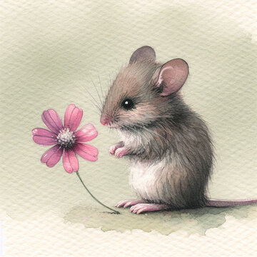 Portrays a tiny mouse with large endearing eyes holding a delicate pink flower with slender stems. A soft green background, reminiscent of a verdant meadow, seamlessly blends with the mouse and flower