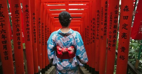 Woman, Japanese and temple or back for traditional culture for respect Tokyo travel, spirituality...