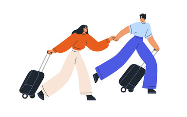 Love couple travel with suitcases. Happy man and woman tourists running, hurrying with luggage, baggage, going for romantic holiday, vacation. Flat vector illustration isolated on white background