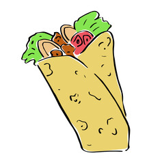 shawarma roll with meat and vegetables single vector clip art. Hand-drawn doodle illustration of fast food