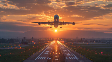 A plane taking off from an airport with beautiful landscape in sunset ,generative ai - obrazy, fototapety, plakaty