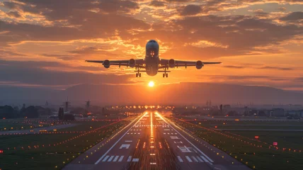 Cercles muraux Cappuccino A plane taking off from an airport with beautiful landscape in sunset ,generative ai