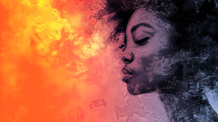 Graphically Abstracted Side Portrait of a Thoughtful Young Black Woman Against a Hazy Glowing Background