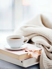 Fototapeta na wymiar Cozy Autumn Reading Time with Coffee and Knitted Blanket