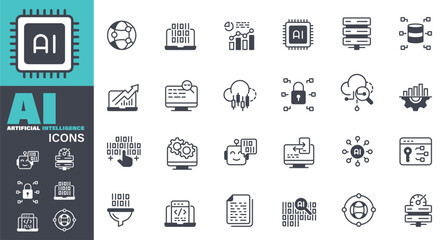 Artificial Intelligence Icons set. Solid icon collection. Vector graphic elements, Icon Symbol, Artificial Intelligence, Technology, Innovation, Vector