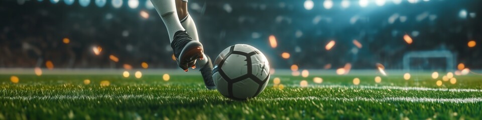 Soccer stadium with  professional soccer player kicking dribbling the soccer ball. Generative AI