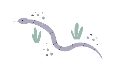 Cute snake in Scandinavian style. Serpent, viper crawling in nature. Kids animal. Scandi nordic invertebrate fauna. Childish flat vector illustration isolated on white background