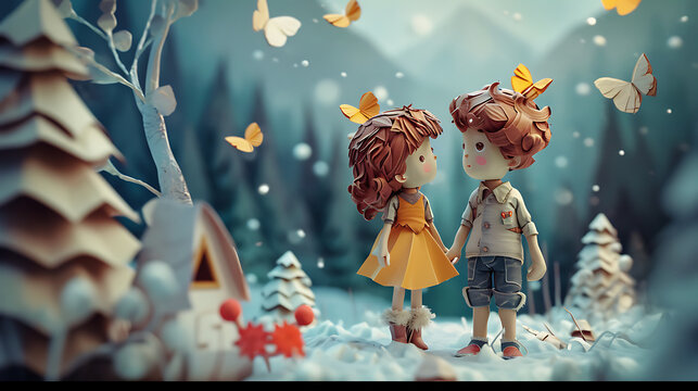 The cute boy and girl paper art. Generative AI illustration