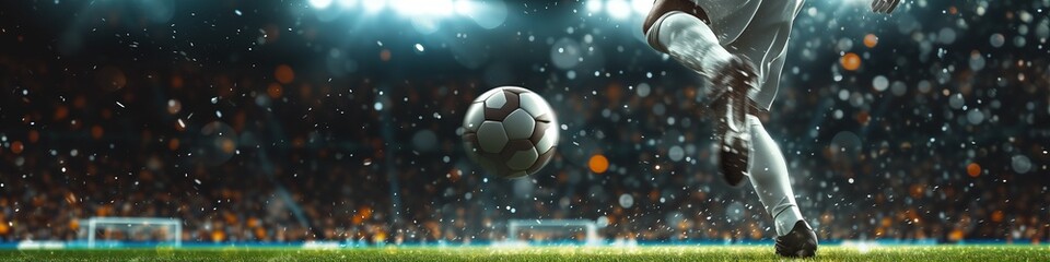 Soccer stadium with  professional soccer player kicking dribbling the soccer ball. Generative AI