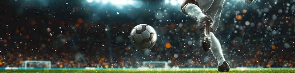 Fotobehang Soccer stadium with  professional soccer player kicking dribbling the soccer ball. Generative AI © Creation    Art