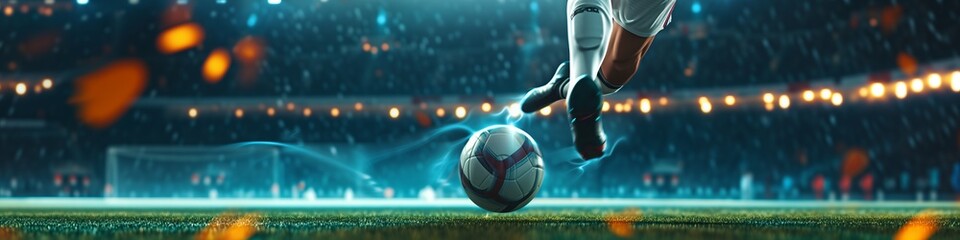 Soccer stadium with  professional soccer player kicking dribbling the soccer ball. Generative AI