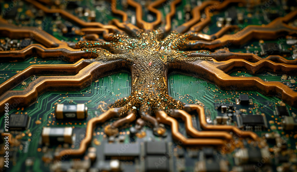 Poster copper tracks on a circuit board spread out like a tree's roots, merging technology with a tree-like