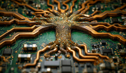 Copper tracks on a circuit board spread out like a tree's roots, merging technology with a tree-like design