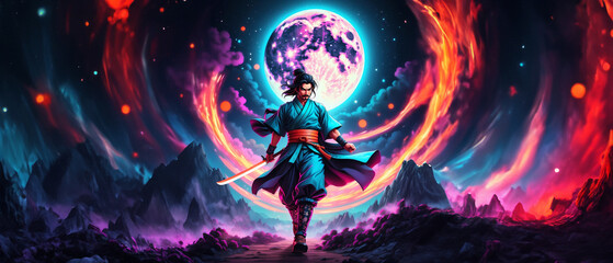 Obraz premium fantasy illustration , very detailed neon, of a samurai in traditional clothing running on the moon, wallpaper, 21:9